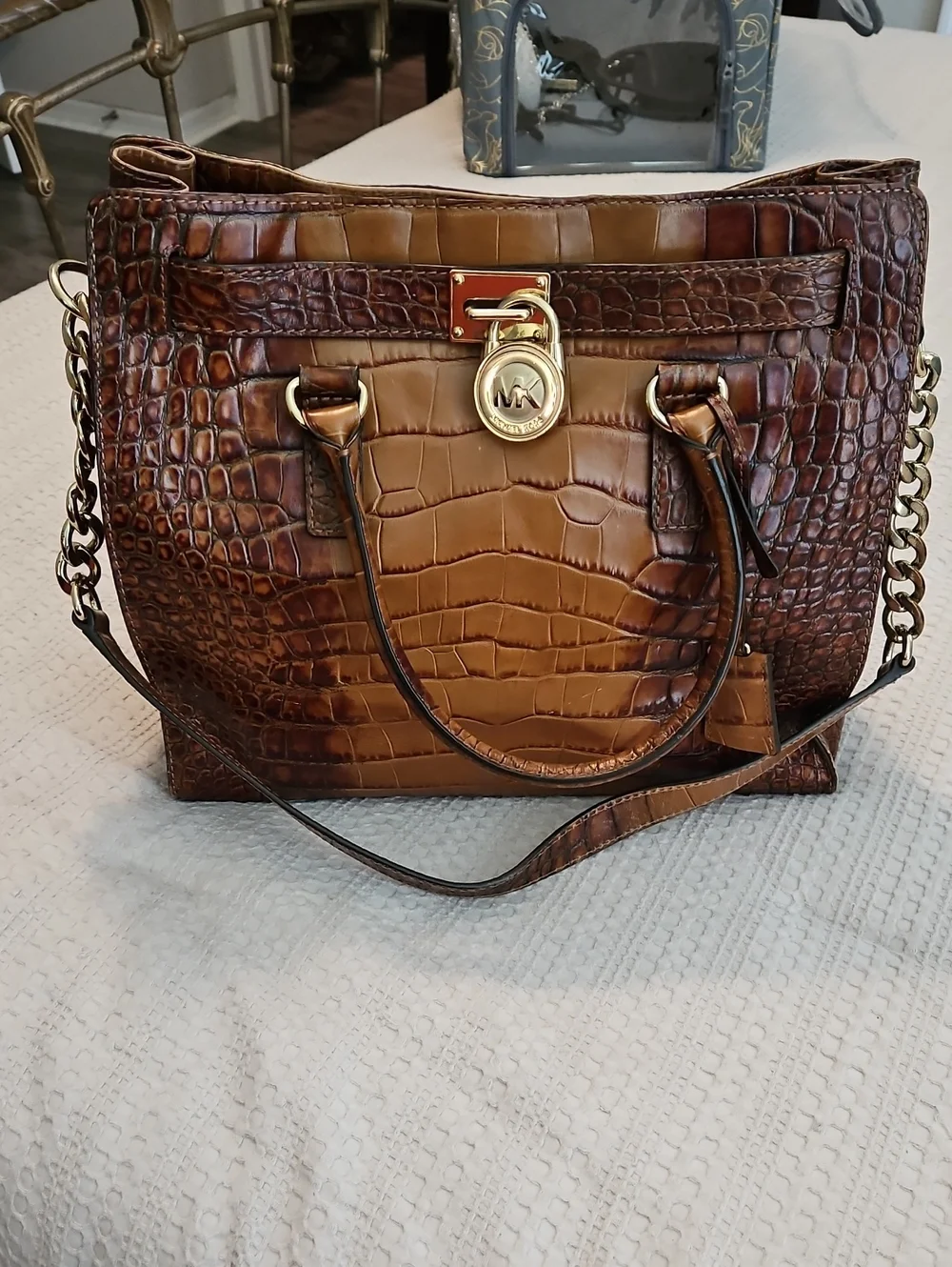 Michael Kors Brown Croc-Embossed Satchel with Gold Lock